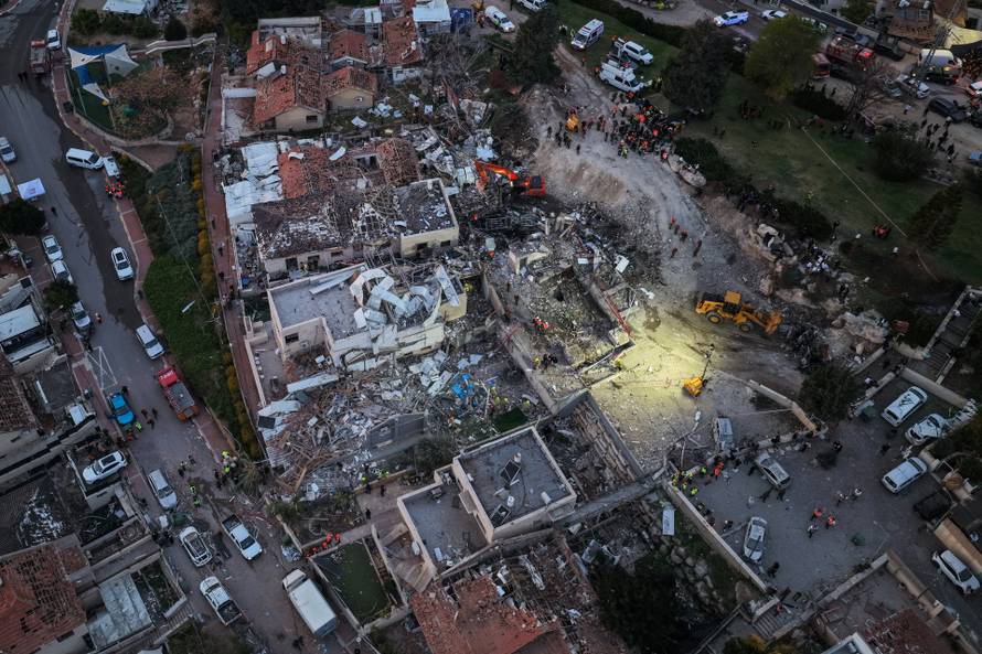 A drone view of the scene of a fatal Iranian strike, after Iran launched missile barrages following attacks by the U.S. and Israel on Saturday, in Beit Shemesh