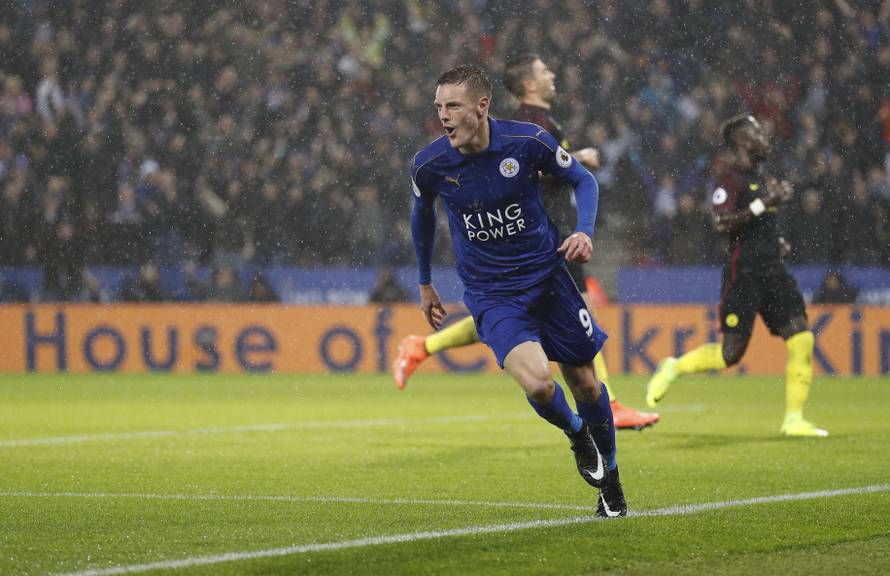 Leicester City's Jamie Vardy celebrates scoring their third goal