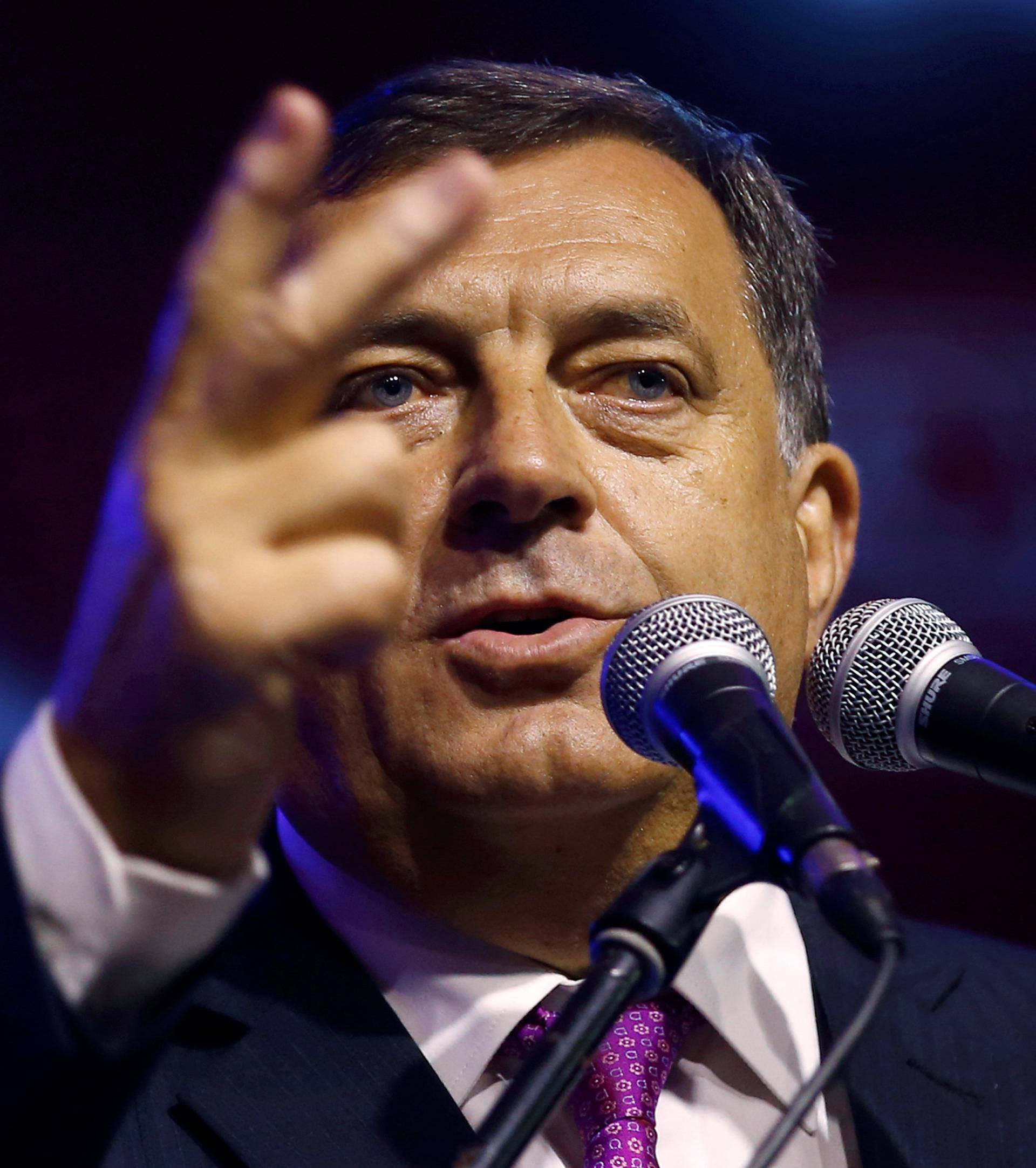 Milorad Dodik, President of Republika Srpska, speaks after the results of a referendum over a disputed national holiday during an election rally in Pale