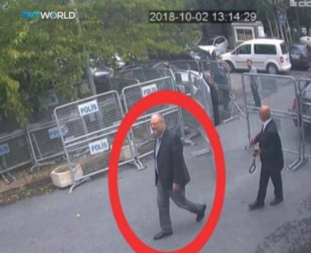 A still image taken from CCTV video and obtained by TRT World claims to show Saudi journalist Jamal Khashoggi, highlighted in a red circle by the source, as he arrives at Saudi Arabia