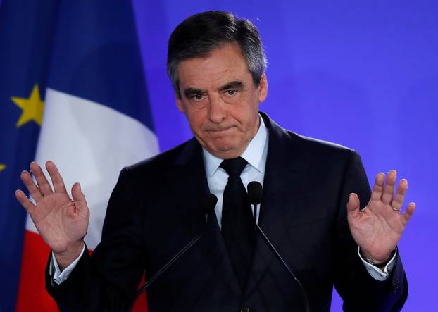 Francois Fillon, member of the Republicans political party and 2017 French presidential election candidate of the French centre-right, delivers a speech at his campaign headquarters in Paris