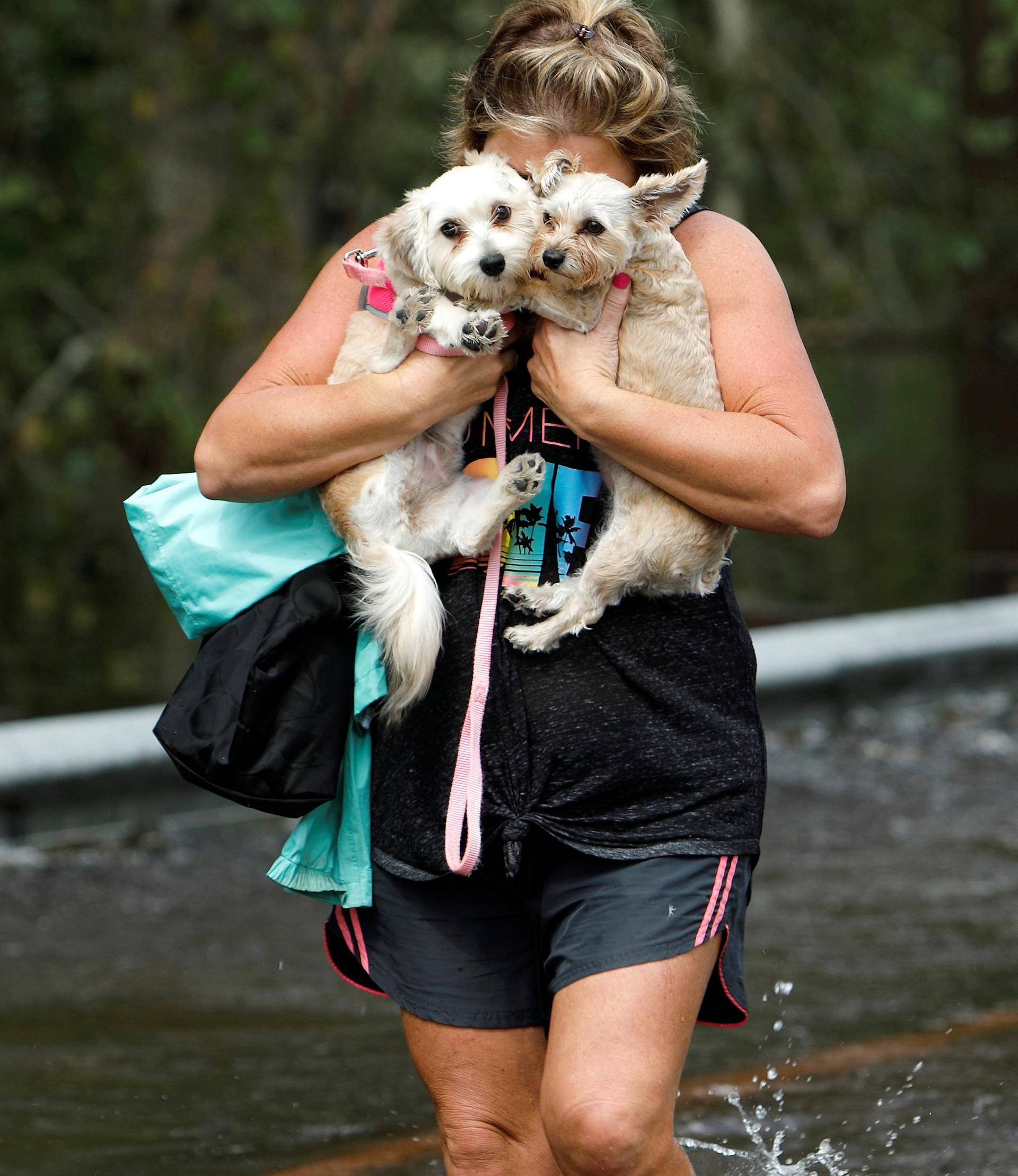 Lisa Shackleford hugs her pet dogs Izzy (L) and Bella as she wades through flood waters to safety while the Northeast Cape Fear River breaks its banks in the aftermath Hurricane Florence in Burgaw, North Carolina