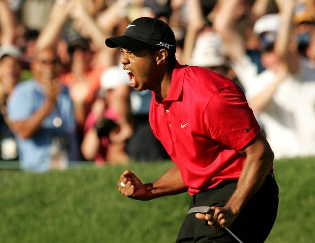 FILE PHOTO: Tiger Woods celebrates after making a birdie on the 18th hole during the final round of the U.S. Open golf championship at Torrey Pines in San Diego