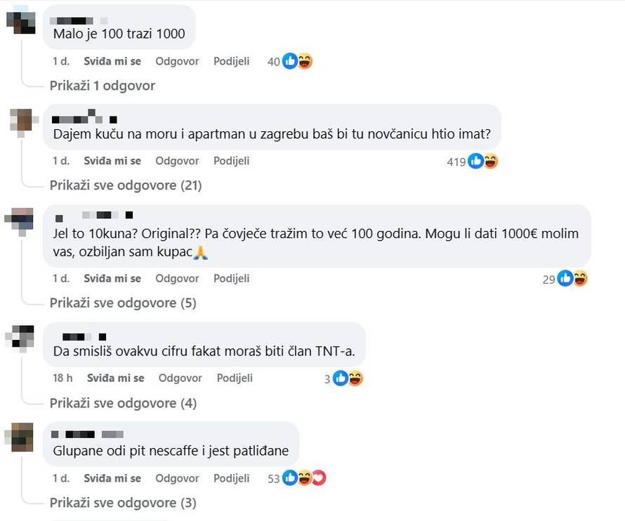 Hrvat prodaje novčanicu od 10 kuna za 100 eura. Pišu mu: 'Hit, dajem ti kuću na moru za nju!'