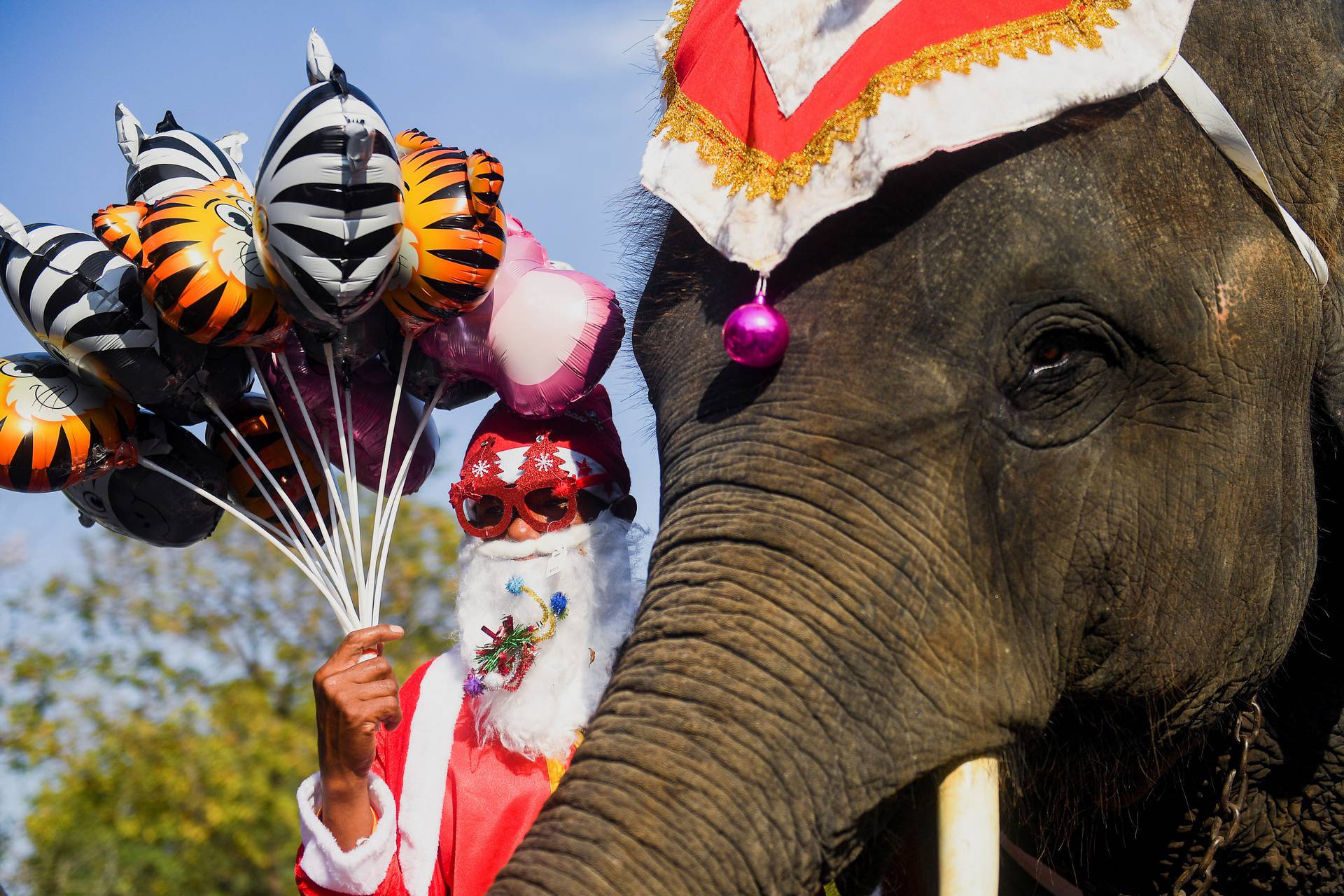 Elephants in Santa Claus costumes visit a school in Ayutthaya