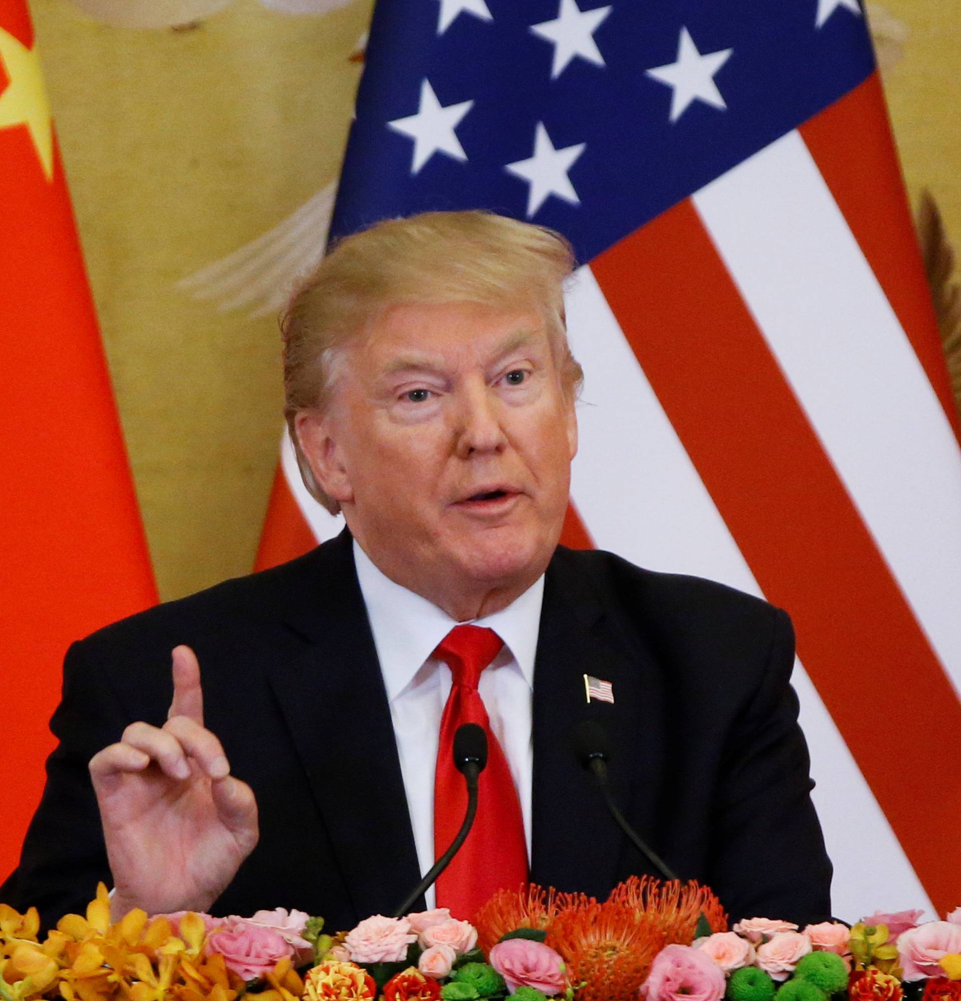 U.S. President Donald Trump and China's President Xi Jinping make joint statements at the Great Hall of the People in Beijing