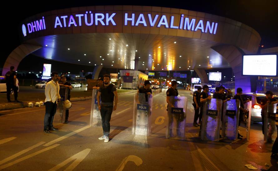 Police guard the entrance to Turkey's largest airport, Istanbul Ataturk