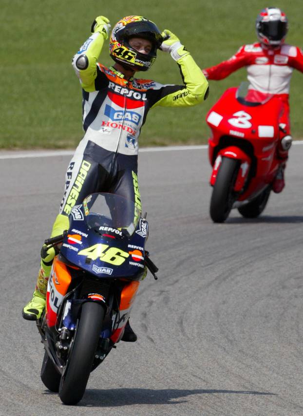 FILE PHOTO: ITALIAN MOTOGP RIDER ROSSI CELEBRATES AT MOTORCYCLING GRAND PRIX IN HOHENSTEIN ERNSTTHAL.