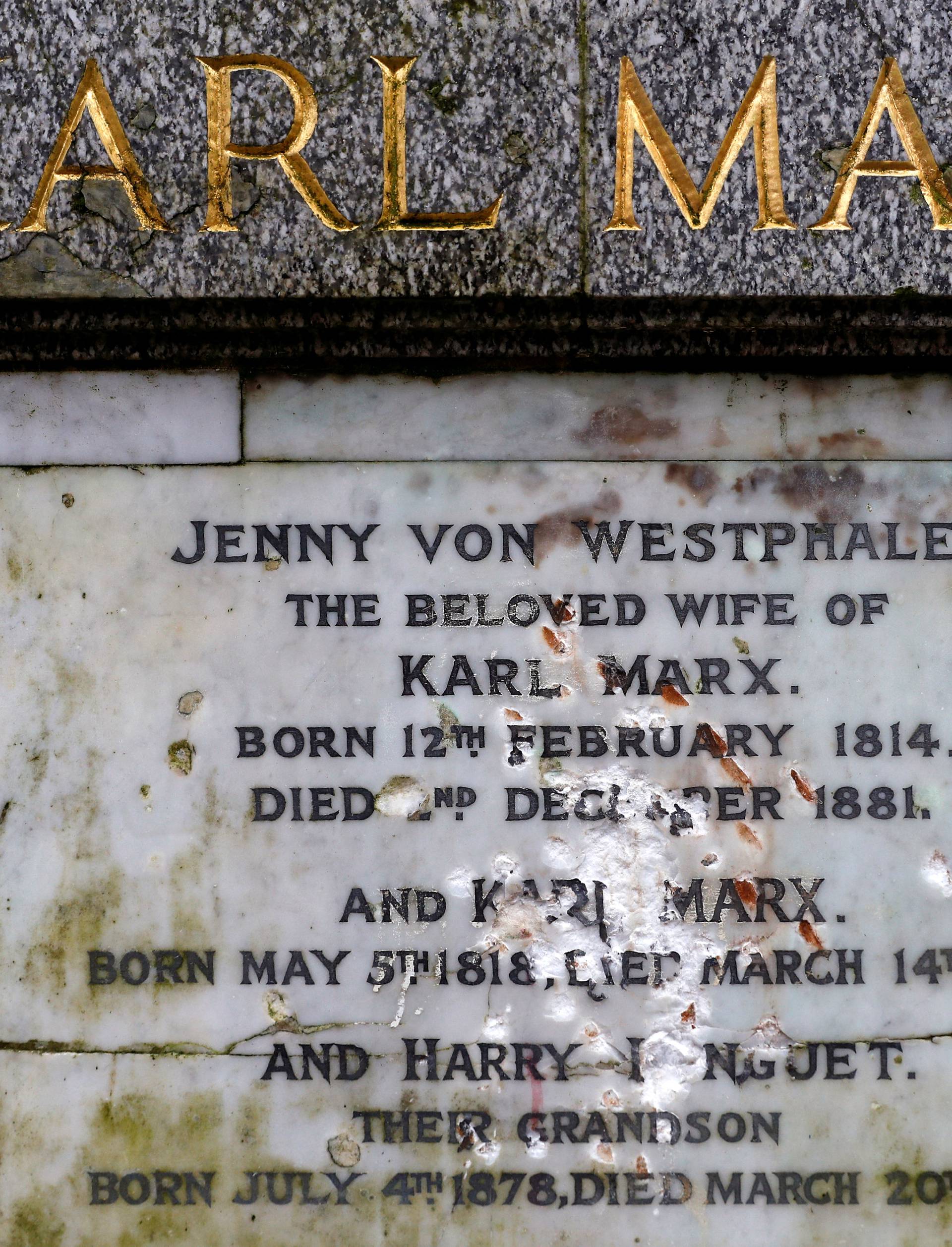 A memorial to German philosopher Karl Marx is seen after it was vandalised at Highgate Cemetery in north London