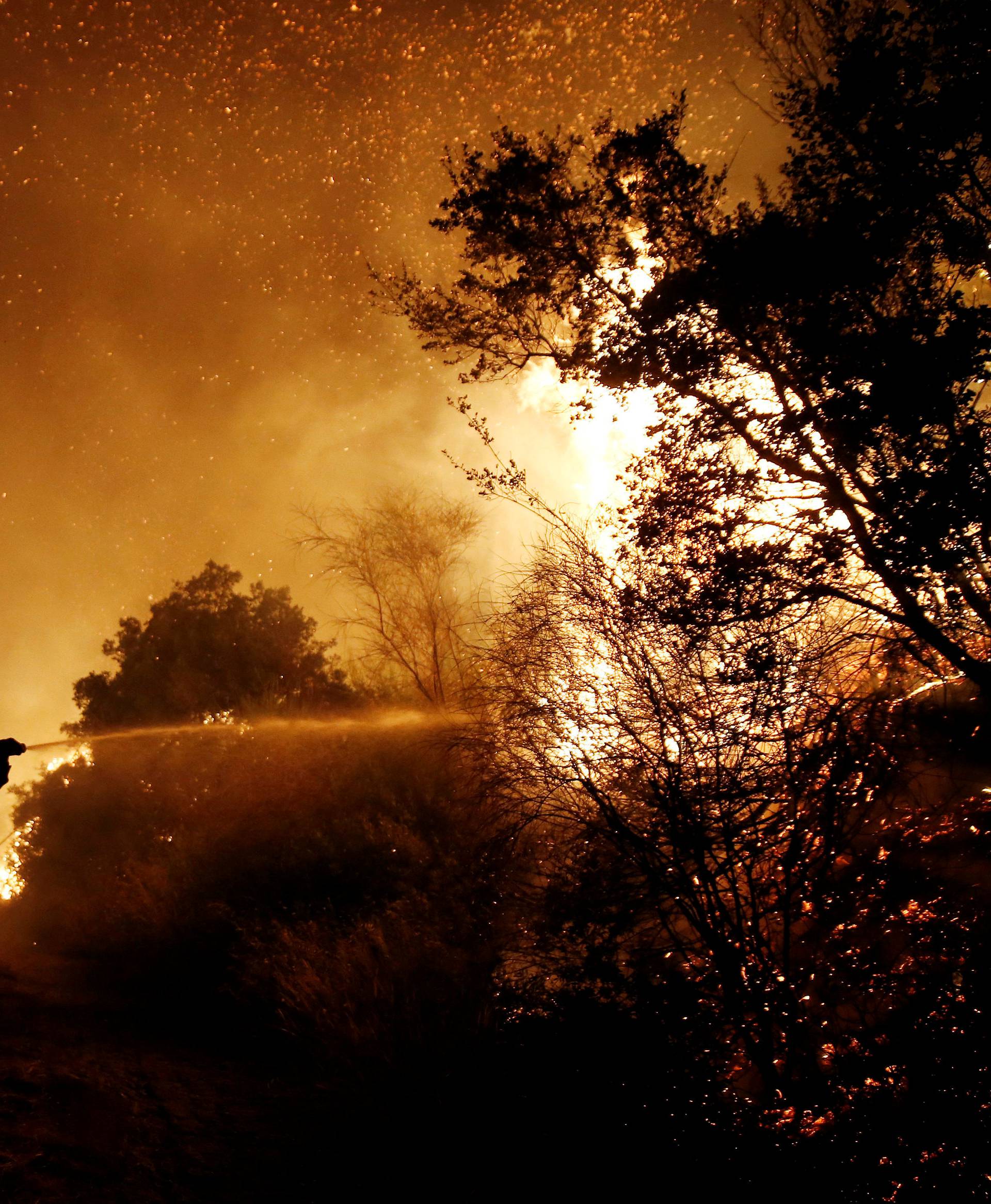 A firefighter tries to extinguish a wildfire burning near the village of Kalamos
