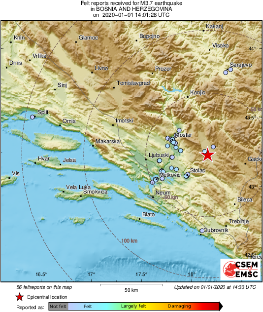 Opet se trese u BiH: Potres od 3,7 Richtera osjetili u Dalmaciji