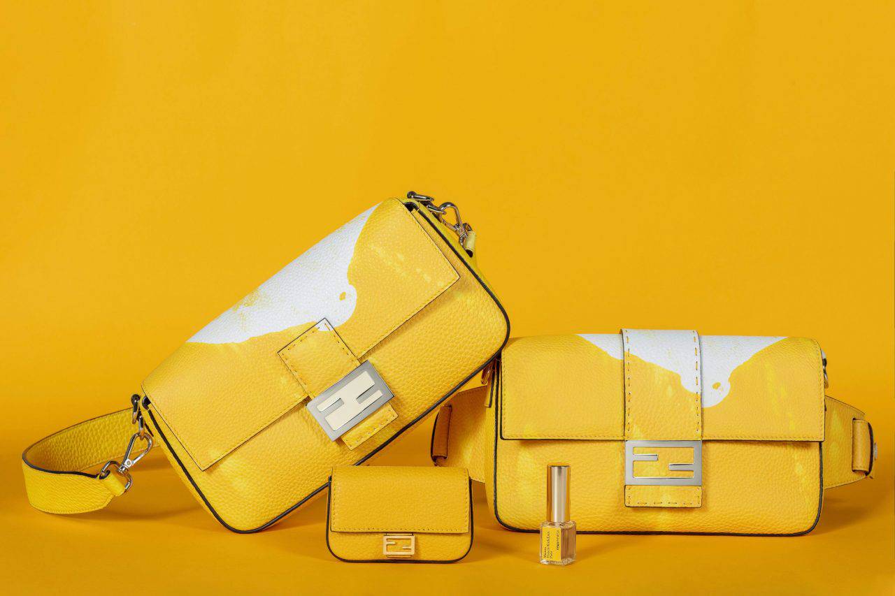 FendiFrenesia Baguette bag, Baguette Nano and fragrance by Maison Francis Kurkdjian, POA | Image: Daniele La Malfa