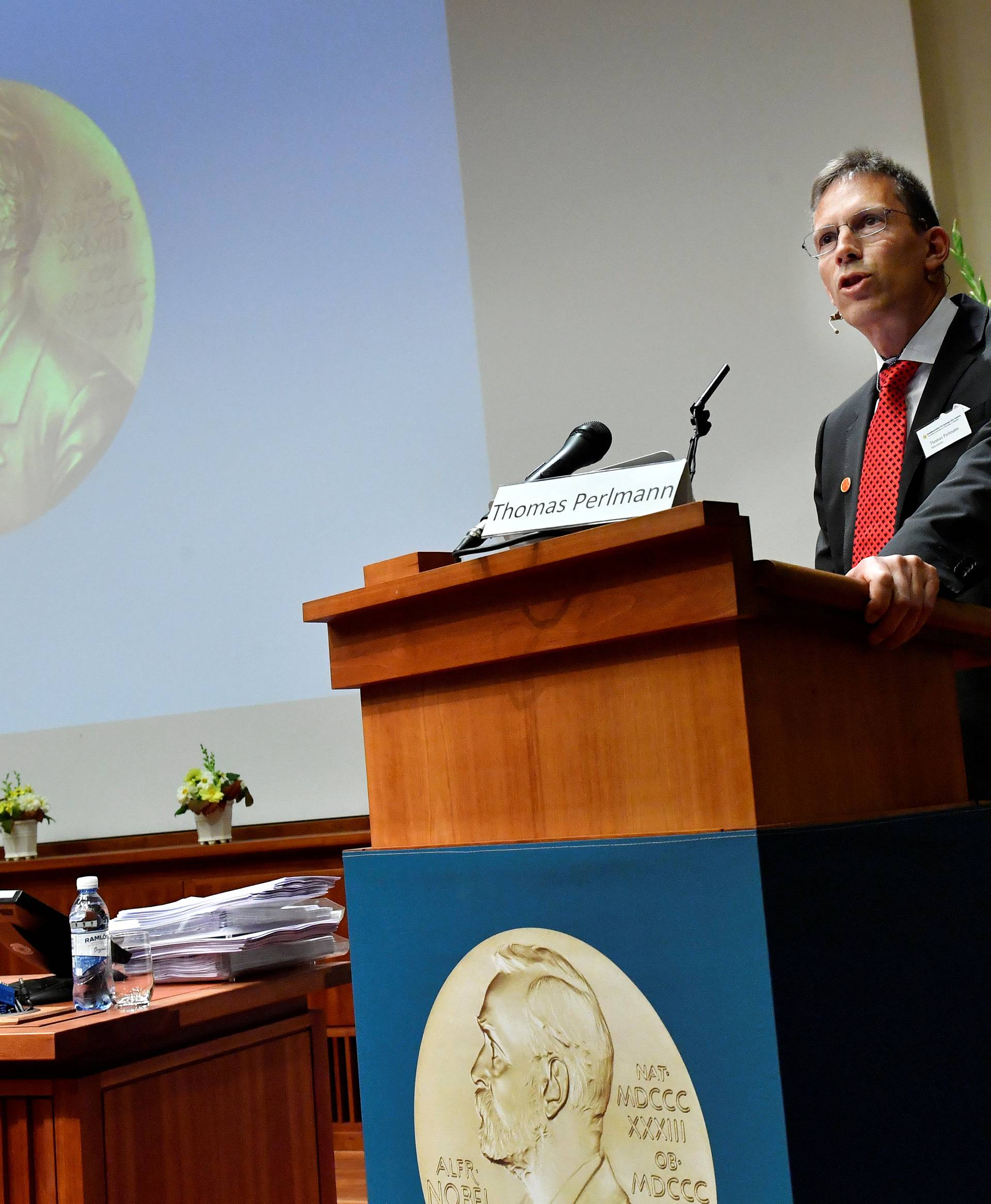 Thomas Perlmann, Secretary of the Nobel Committee for Physiology or Medicine, announces the winners of the 2017 Nobel Prize in Physiology or Medicine during a press conference at the Nobel Forum in Stockholm