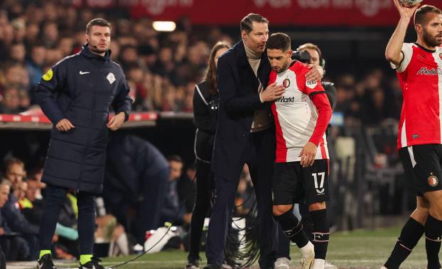 Rotterdam, Netherlands. 02nd Nov, 2024. ROTTERDAM, NETHERLANDS - NOVEMBER 2: Headcoach Brian Priske of Feyenoord, Luka Ivanusec of Feyenoord celebrates after scoring the second goal of the team during the Dutch Eredivisie match between Feyenoord and AZ at