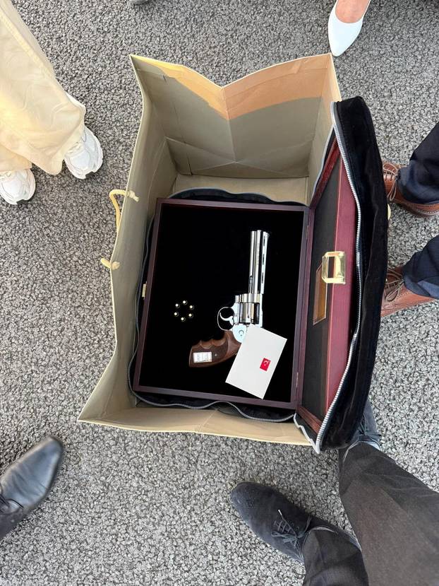 A gun gifted by Turkish President Recep Tayyip Erdogan to Belgium's Prime Minister Bart De Wever at NATO summit in Ankara