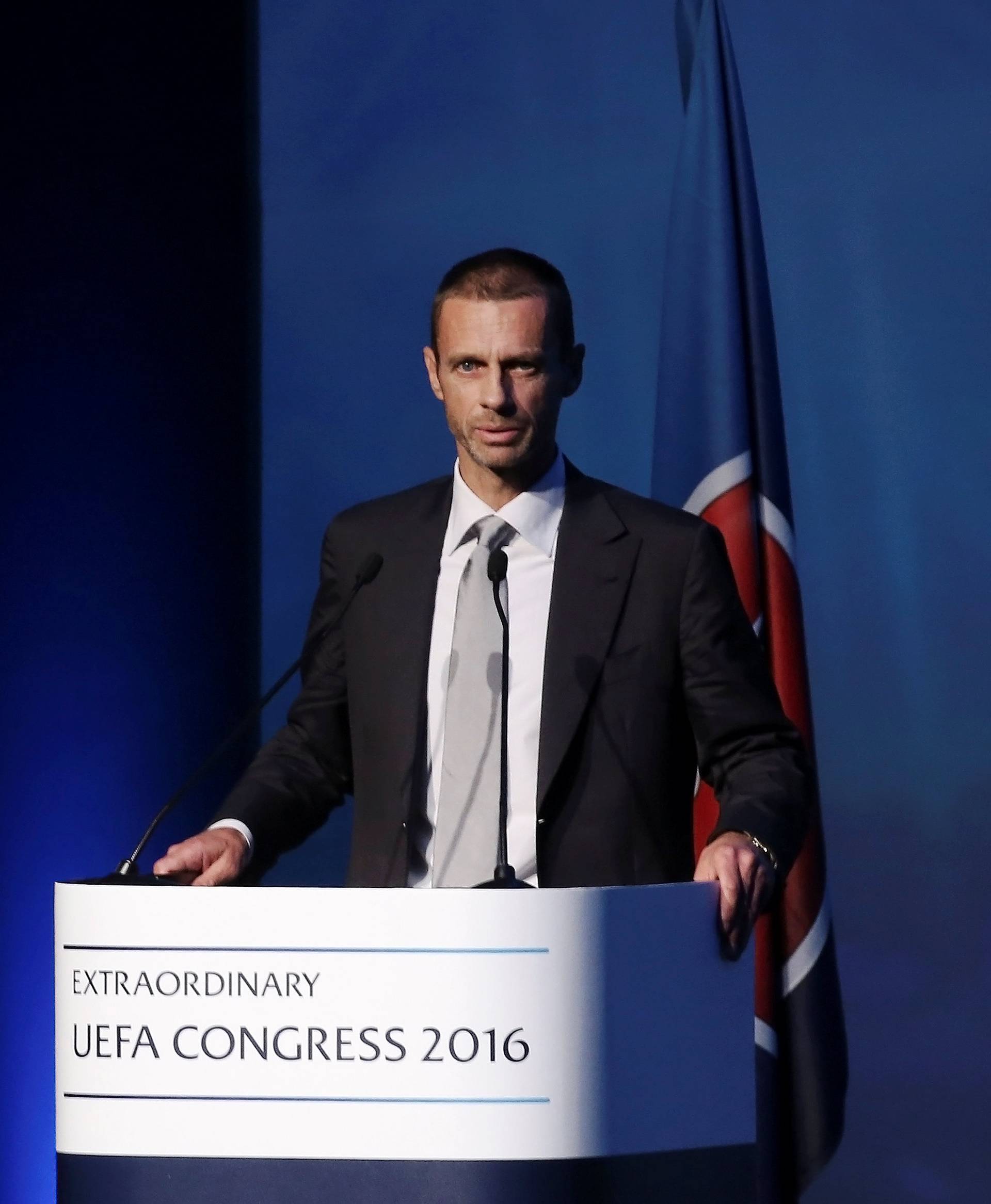 President of the Football Association of Slovenia and candidate for the UEFA presidency Aleksander Ceferin delivers a speech before the election for the new UEFA President in Athens