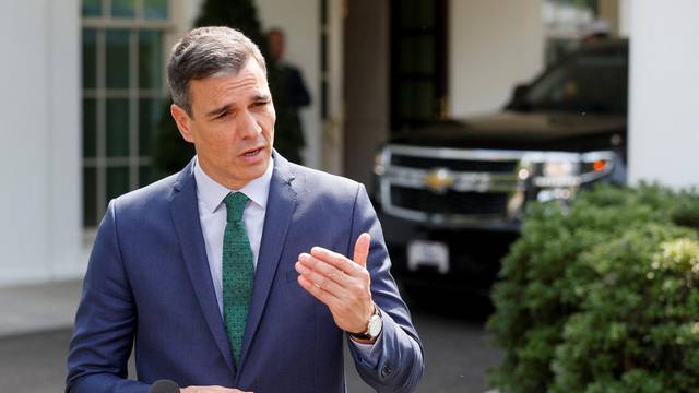 Spanish Prime Minister Sanchez speaks to reporters outside the West Wing of the White House in Washington