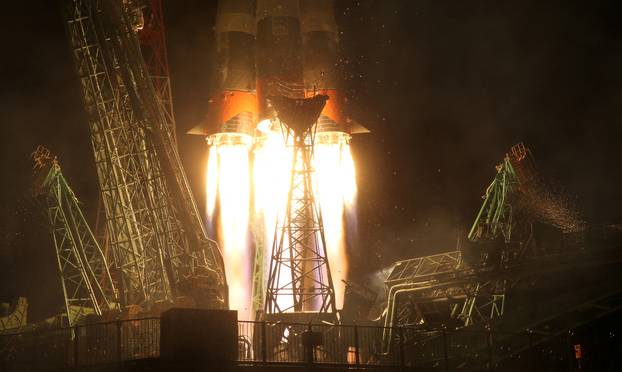 The Soyuz MS-26 spacecraft blasts off to the International Space Station (ISS) from the launchpad at the Baikonur Cosmodrome