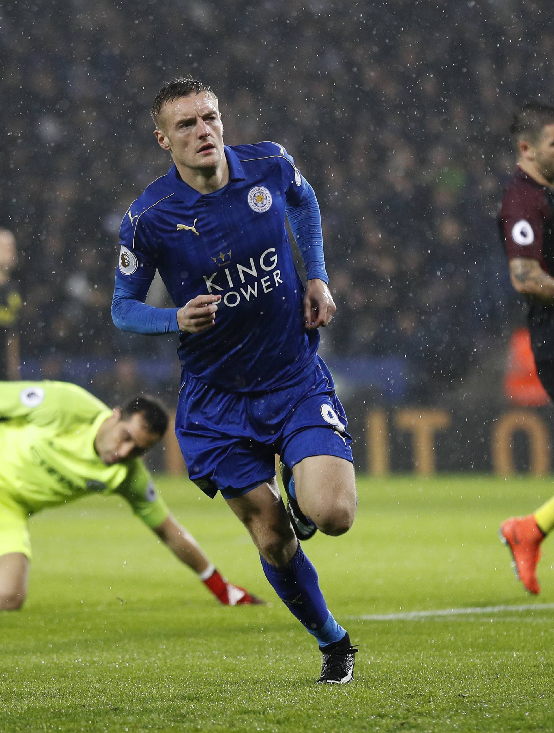 Leicester City's Jamie Vardy celebrates scoring their first goal