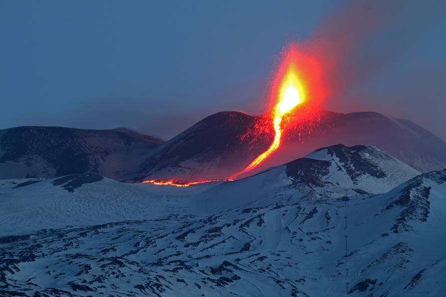 Nicolosi, Mount Etna erupting. The south east crater colors the nights of Catania