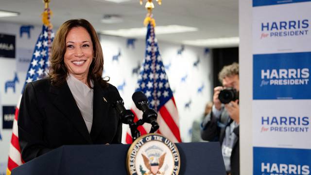 U.S. Vice President Kamala Harris speaks at her Presidential Campaign headquarters in Wilmington