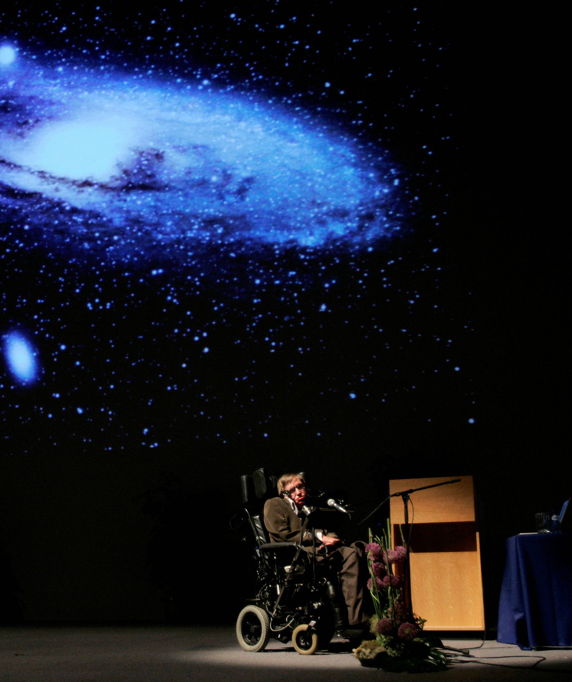 FILE PHOTO: British physicist Stephen Hawking delivers a lecture on "The Origin of the Universe" in Brussels