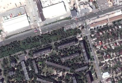 A satellite image shows a close up view of apartment buildings before the Russian invasion in Ukraine, in the western section of Mariupol