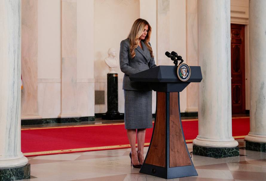 U.S. first lady Melania Trump delivers remarks regarding Jeffrey Epstein, from the White House in Washington