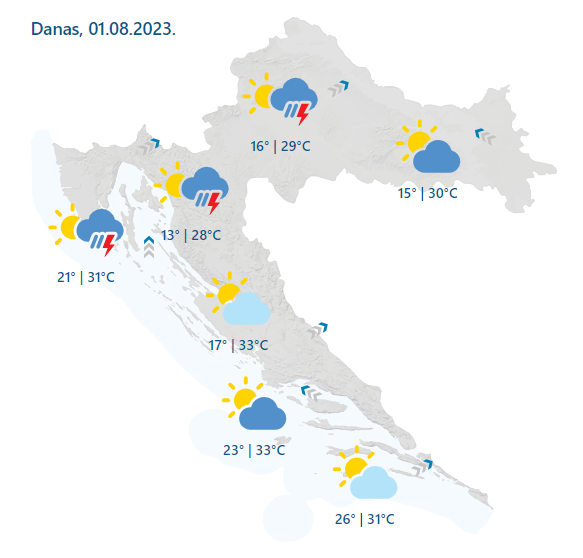 Žuti meteoalarm za pet regijja: Popodne mogući obilniji pljuskovi praćeni grmljavinom