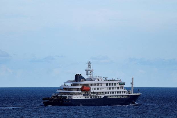 FILE PHOTO: The cruise ship MV Hondius, affected by a hantavirus outbreak, leaves the port of Granadilla de Abona, in Tenerife