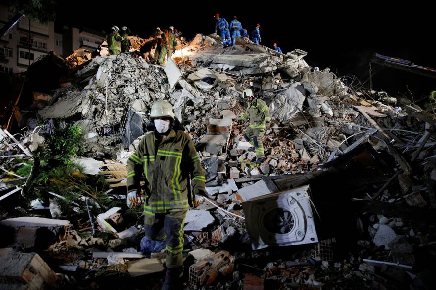 Rescue operations take place on a site after an earthquake struck the Aegean Sea, in the coastal province of Izmir