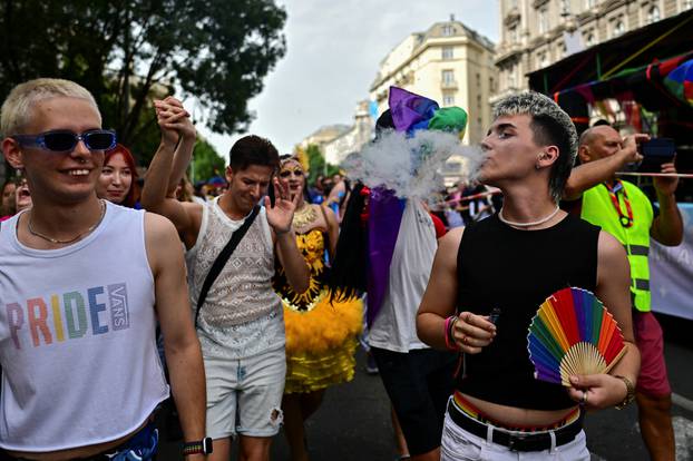 People attend the annual Pride march in Budapest