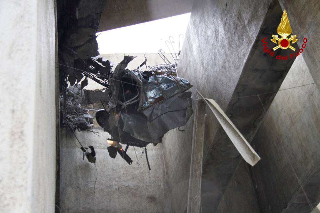 The collapsed Morandi Bridge is seen in the Italian port city of Genoa in this picture released by Italian firefighters