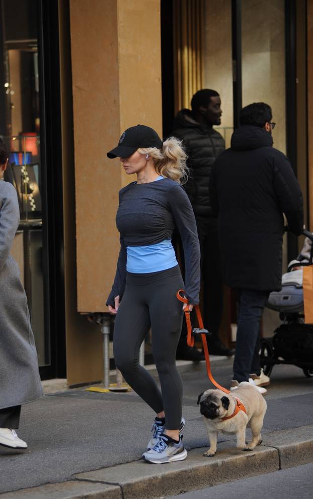 Milan, Helena Seger goes shopping at Hermes in via Monte Napoleone with her dog