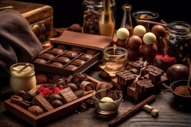 A lot of fine chocolate candies in the french chocolate shop. White, dark, and milk chocolate. Top view . AI Generative