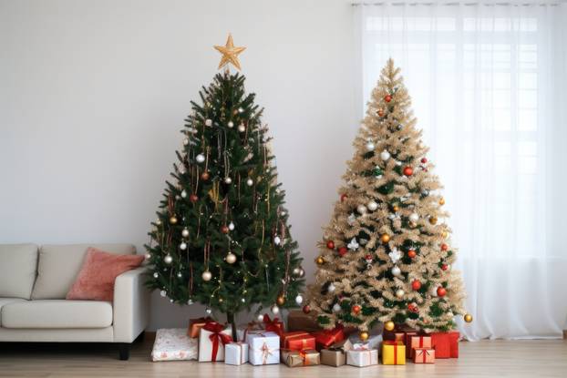 undecorated christmas tree next to a decorated tree