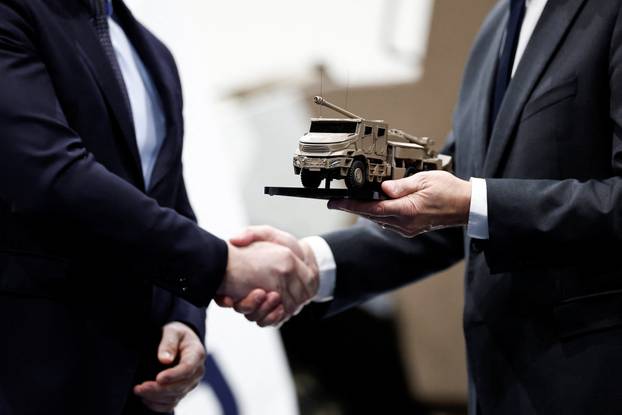 French Defence Minister Vautrin and Croatia's Defence Minister Anusic visit the French-German military defence system supplier KNDS in Versailles