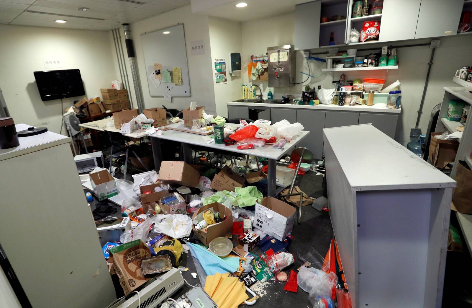 A view shows damages inside the Legislative Council building after protesters stormed it in Hong Kong