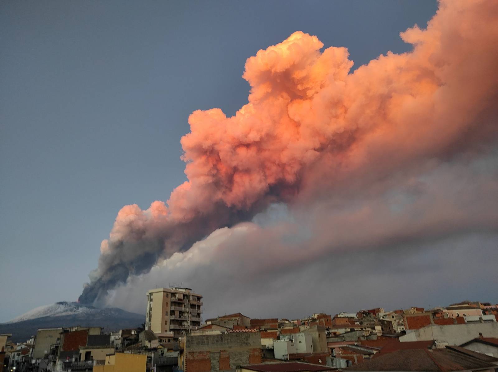 A view of the Mount Etna eruption spewing ash, as seen from Paterno, Italy, in this image obtained from social media