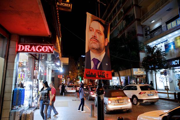 A poster depicting Saad al-Hariri, who has resigned as Lebanon