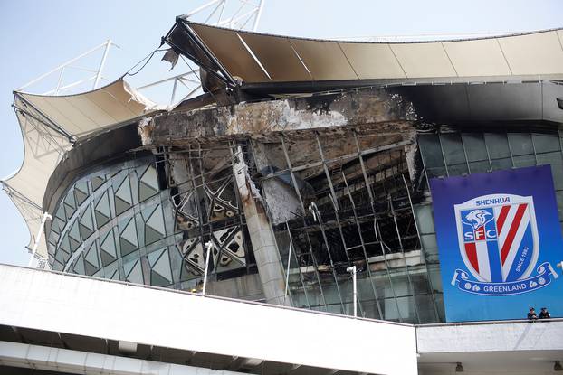 A view of the site where a fire broke out at the Shanghai Hongkou soccer stadium in Shanghai