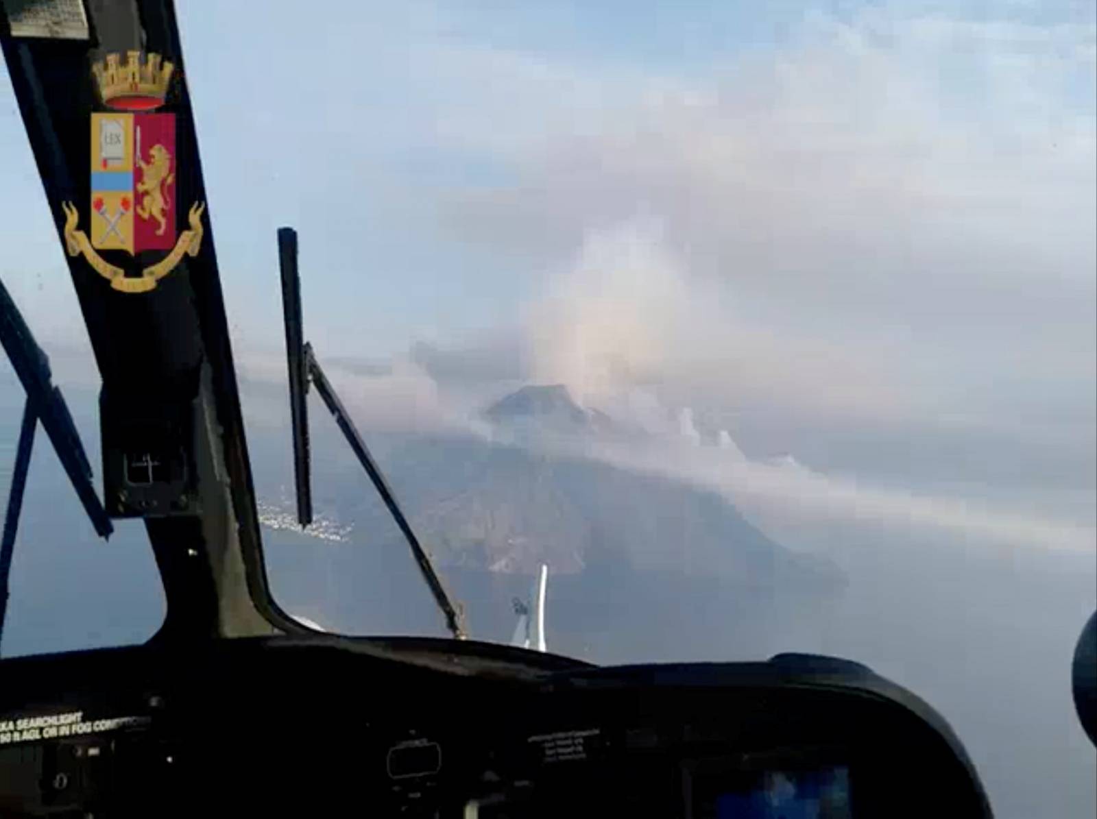 Police chopper aerial still image of volcano after eruption over Stromboli