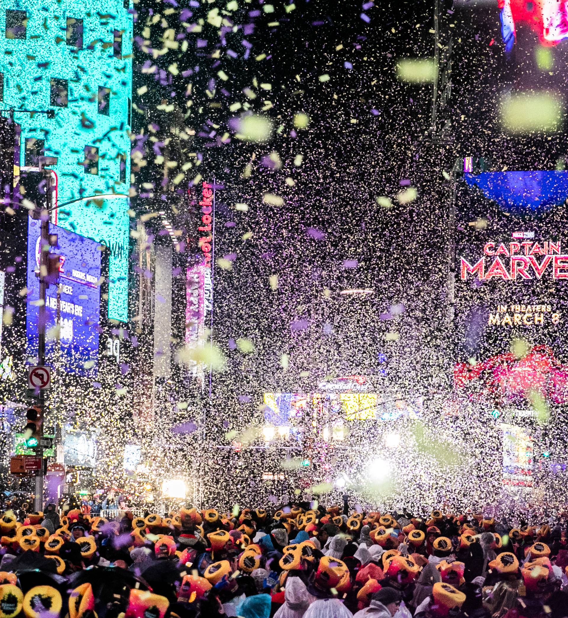 Revelers celebrate New Year's Eve in Times Square in Manhattan