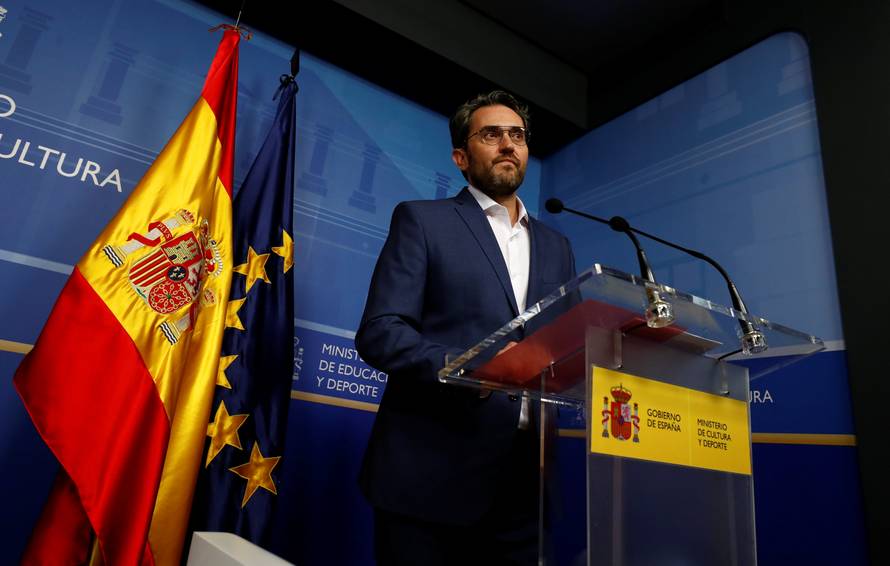 Spain's Culture Minister Maxim Huerta attends a news conference to announce his resignation in Madrid