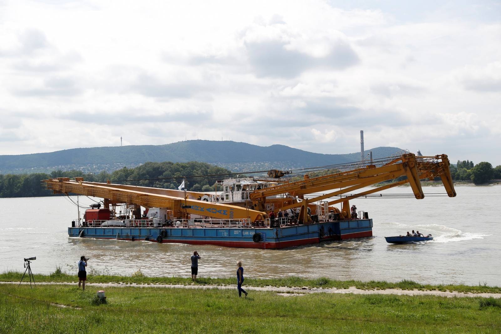 The floating crane Adam Clark arrives on the Danube river in Budapest