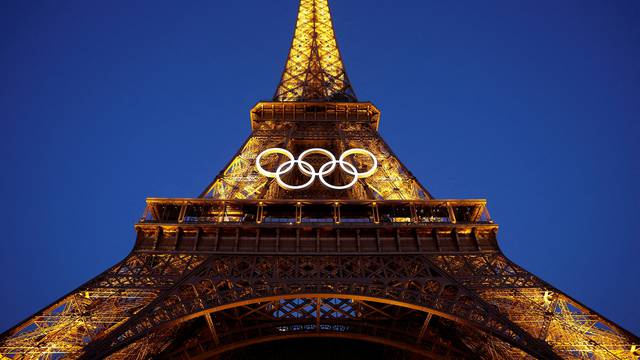 FILE PHOTO: The Olympic rings displayed on the first floor of the Eiffel Tower