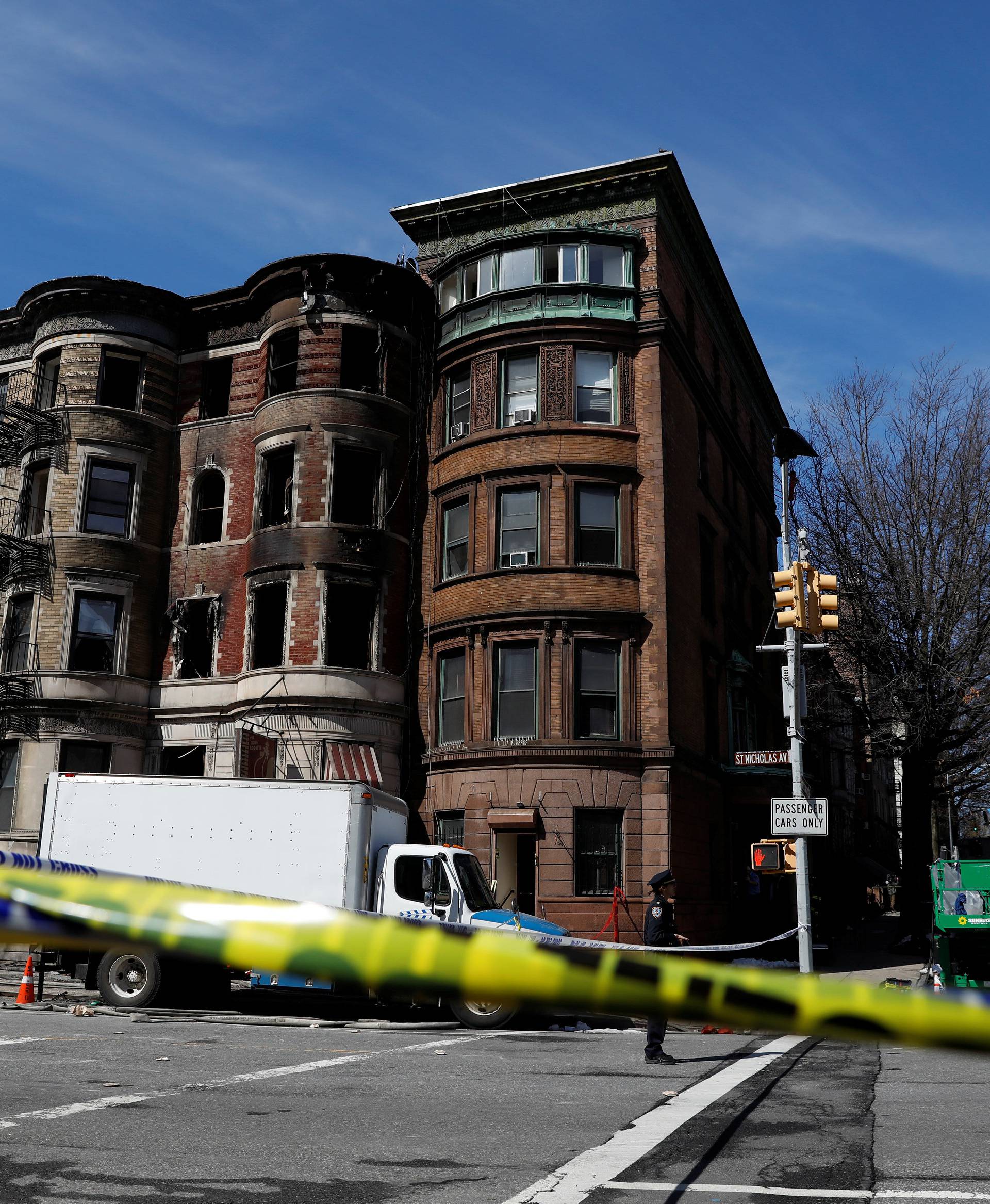 The site of a five-alarm fire in Harlem where a New York City firefighter died in the basement of 773 St. Nicholas Avenue in Manhattan, New York