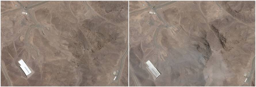 A combination picture shows satellite images over Fordow, before and after the U.S. struck the underground nuclear facility, near Qom