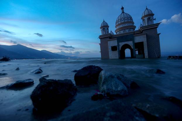 A remains of a mosque destroyed by the earthquake and tsunami is pictured in Palu, Central Sulawesi