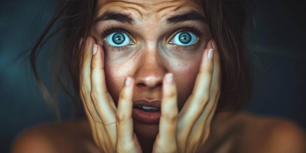 Startled Woman Conceals Face With Hands, Eyes Filled With Fear And Anxiety. Сoncept Fear And Anxiety, Startled Expression, Concealing Face, Eyes Filled With Fear.